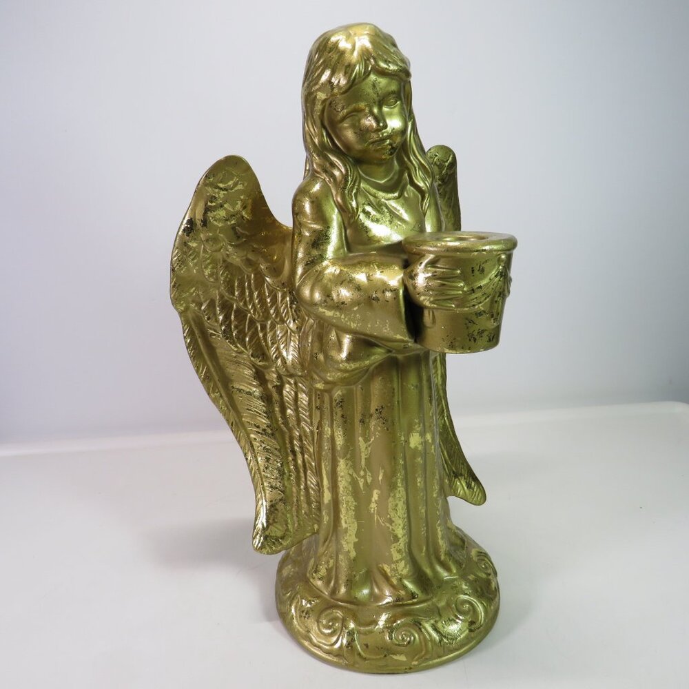 Gold Foil Ceramic Angel with candle holder 12" tall  Religious Holiday -Everyday